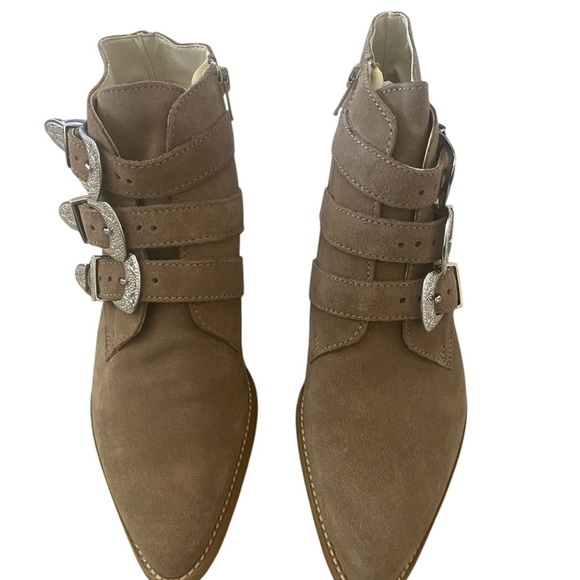 ASOS Triple Buckle Suede Western Ankle Boots Taupe Size 5 | Made in Italy - Picture 2 of 16